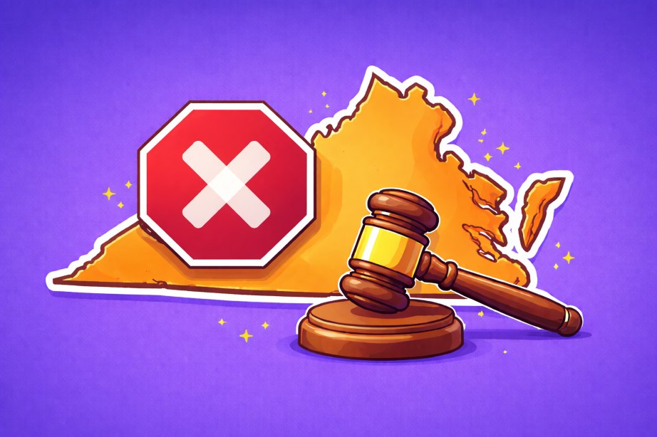 Virginia map with gavel and red cross sign on flat purple background.
