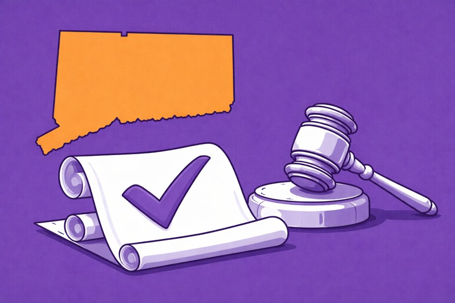 Connecticut map with gavel and checkmark scroll on purple background.
