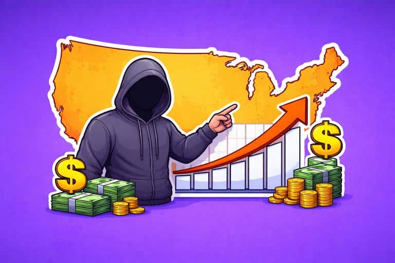 Anonymous figure pointing at rising graph with dollar signs over USA map.