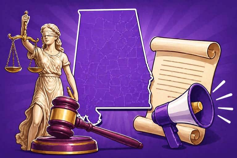 Alabama map with gavel, Lady Justice, scroll, and megaphone.