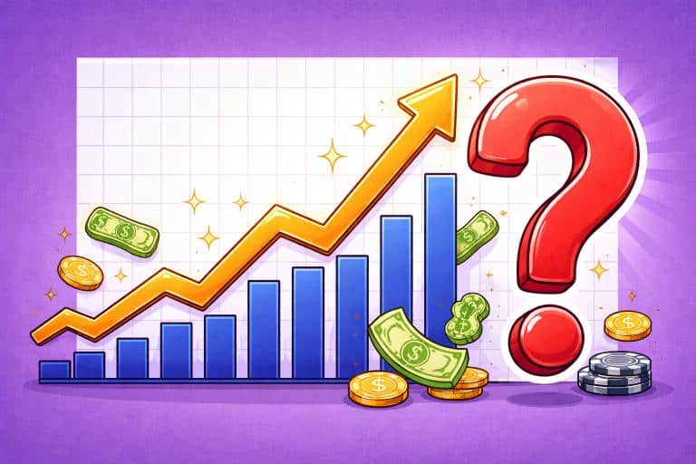 Upward graph with large question mark and casino chips.