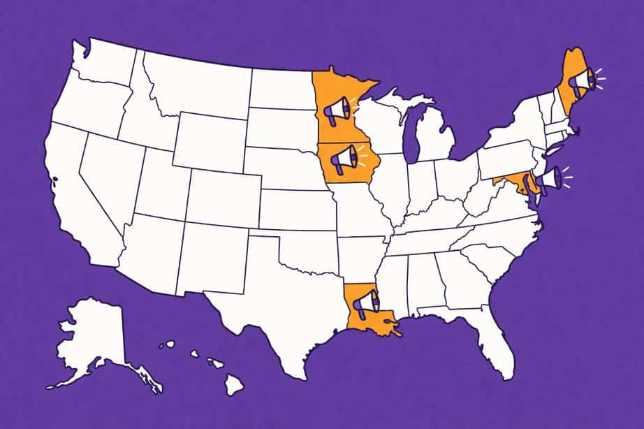 USA map with Iowa, Minnesota, Louisiana, Maryland, and Maine marked by megaphones.