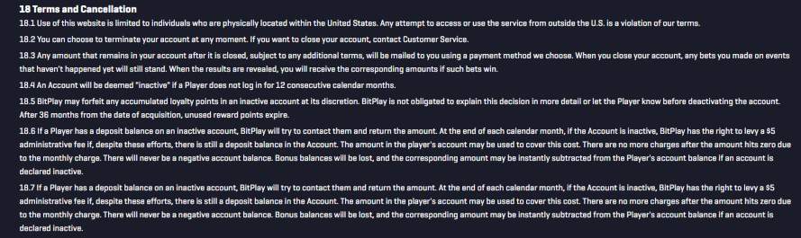 BitPlay terms on U.S. access, account closure, and inactivity fees.