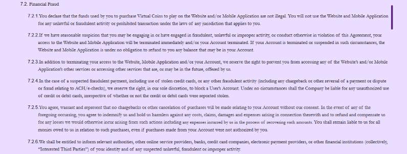 Fortune Wins financial fraud terms on illegal funds and chargebacks.