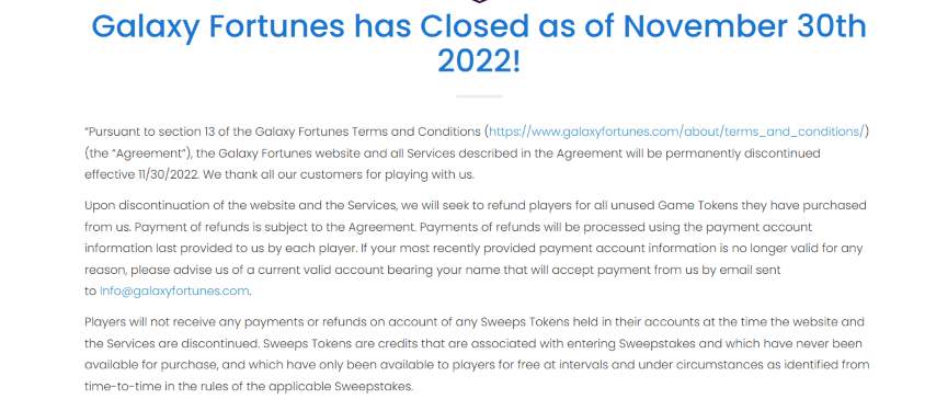 Galaxy Fortunes closure notice with refund details.