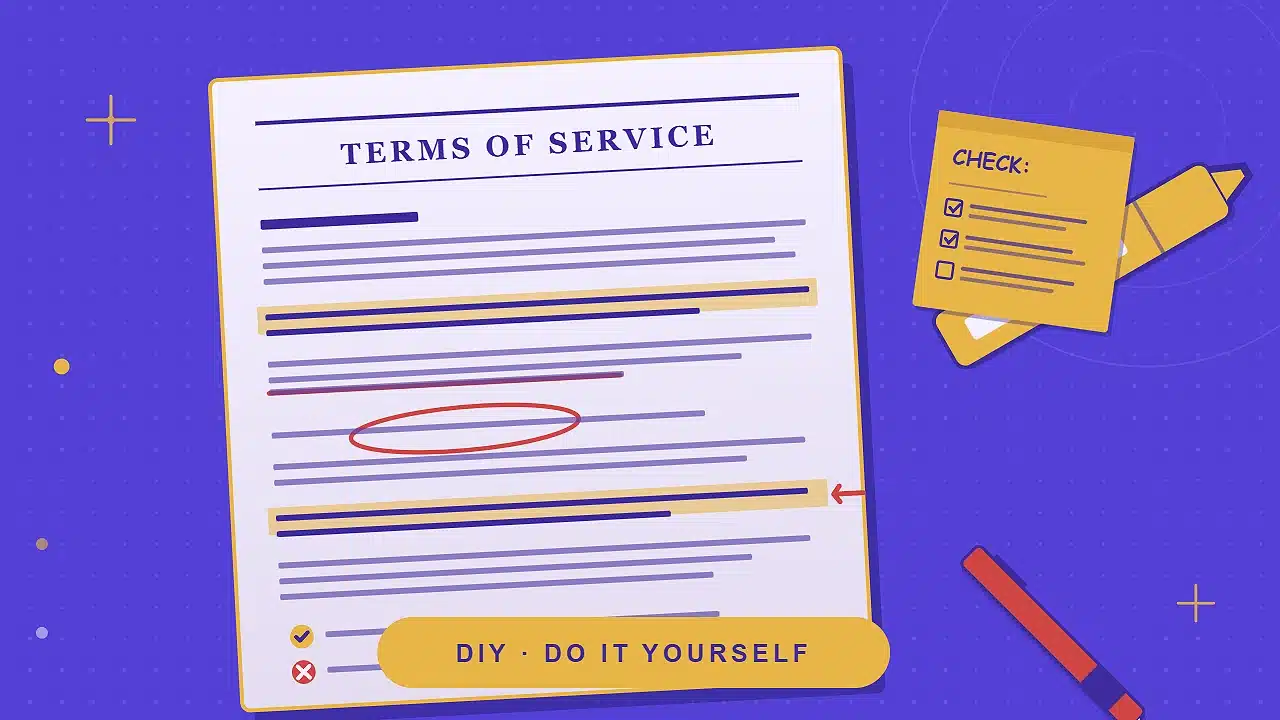 DIY guide to reading sweepstakes casino terms — a Terms of Service document being marked up with a highlighter and red pen, with a sticky note checklist for the 7 trust checks.