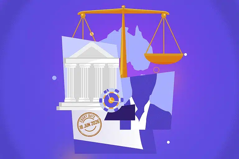 Illustration of scales of justice, a courthouse and the June 18 2026 court date stamp representing the Laurence Escalante VGW criminal case in Australia