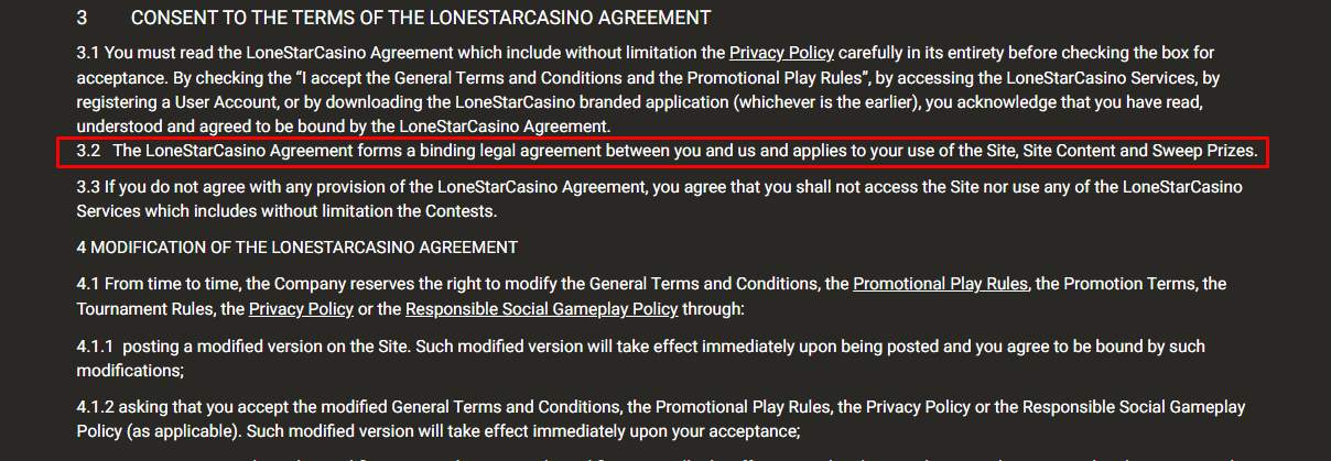 LoneStarCasino Terms Clause 3.2 stating the agreement is legally binding.
