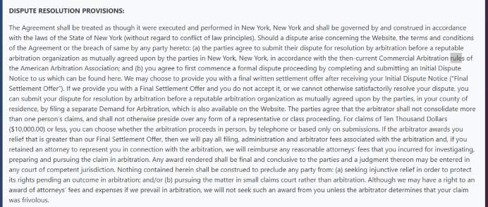 MondoSweeps dispute resolution terms on arbitration and class actions.