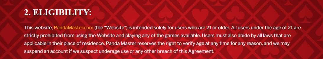PandaMaster eligibility terms stating users must be 21 or older.