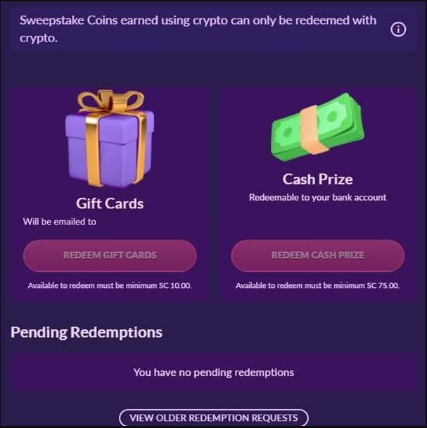 PlayFame redemption page with gift card and cash prize options, minimums 10 SC and 75 SC.