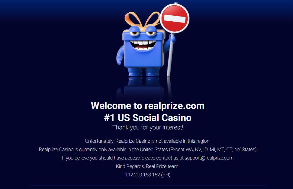 RealPrize region notice with excluded US states and support email.