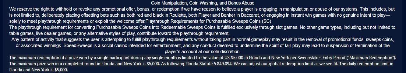SpeedSweeps terms on coin abuse and redemption limits.