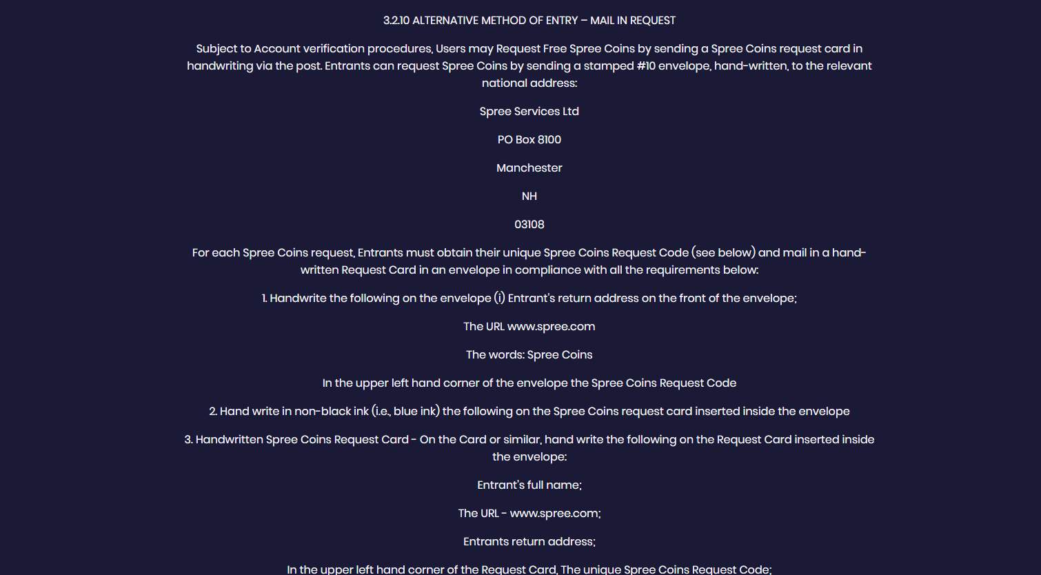 Spree mail-in request rules for free Spree Coins.