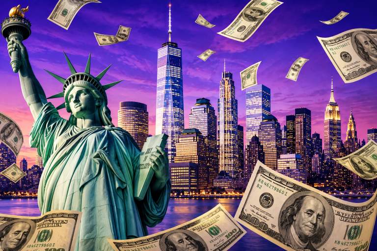 New York skyline with Statue of Liberty and floating dollar bills.