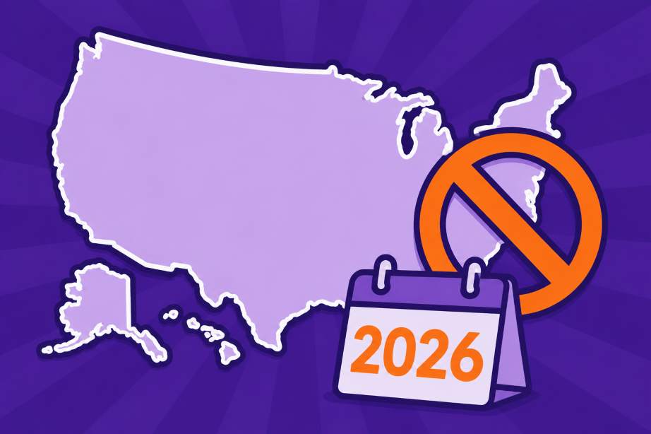 US map with 2026 calendar and prohibition sign on purple background.