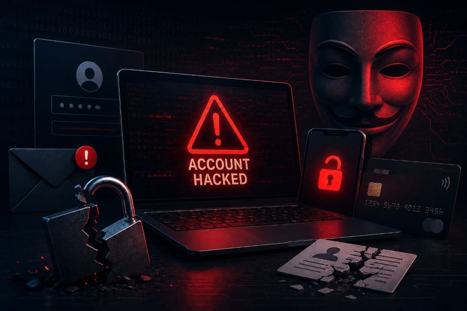 Hacked sweepstakes casinos account warning with mask and broken lock.
