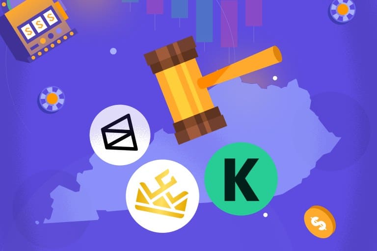 Kentucky gambling lawsuits illustration with gavel and market logos.