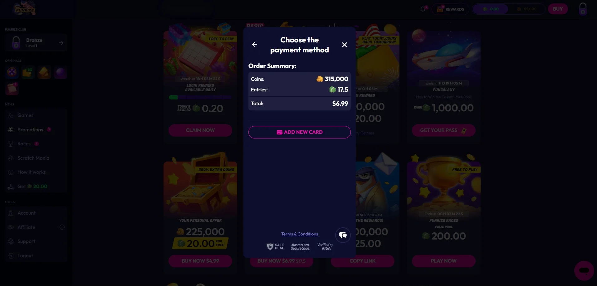 A screenshot of Funrize Ccasino's redeem modal
