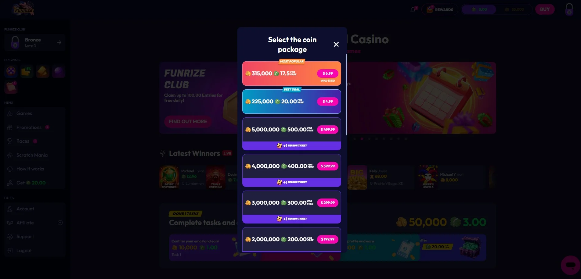 A screenshot of Funrize Ccasino's coins store