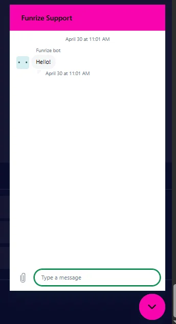 A screenshot of Funrize Ccasino's live chat modal