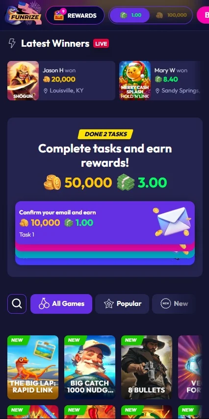 A screenshot of Funrize Ccasino's mobile browser view