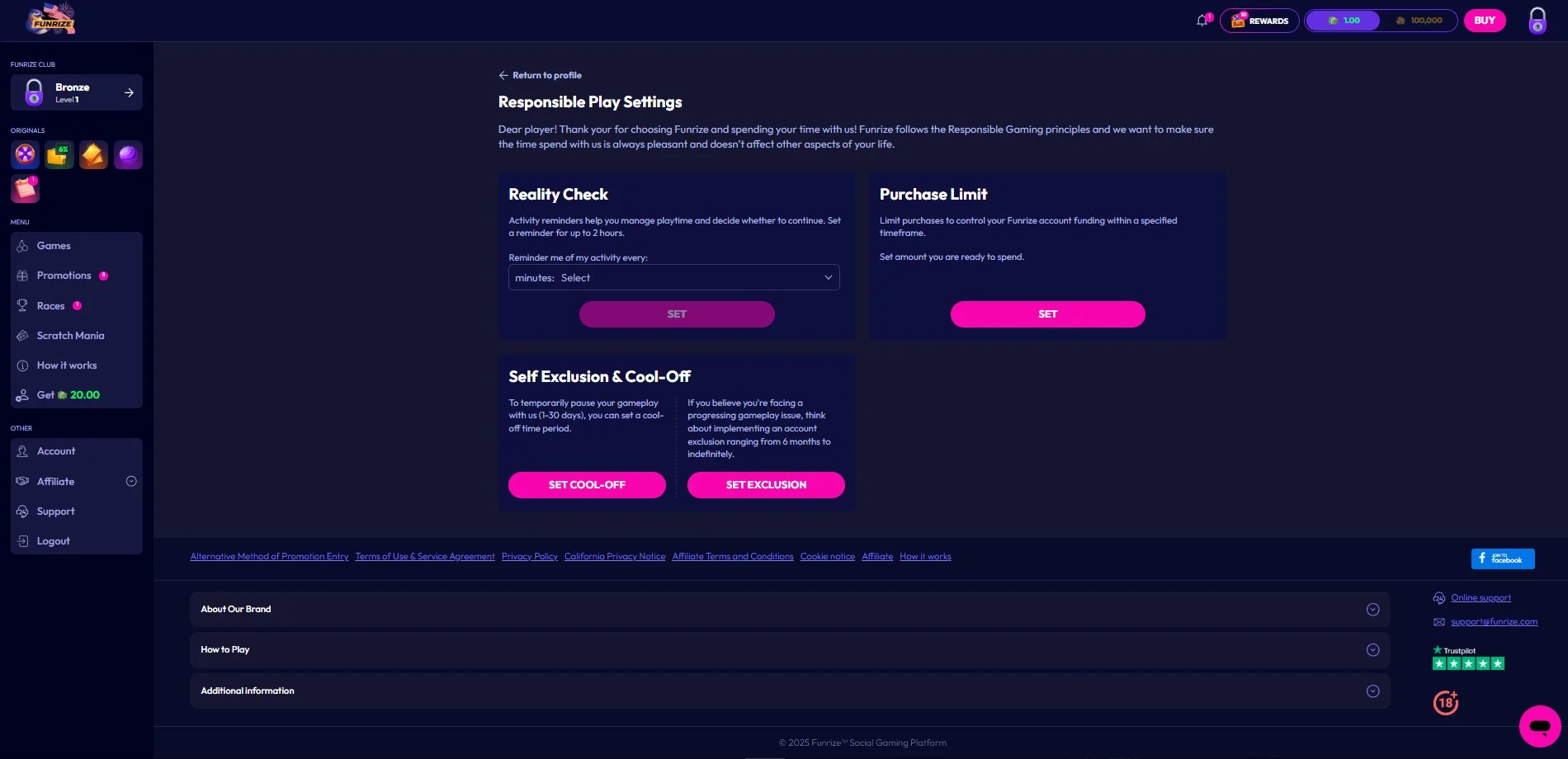 A screenshot of Funrize Ccasino's responsible gaming page