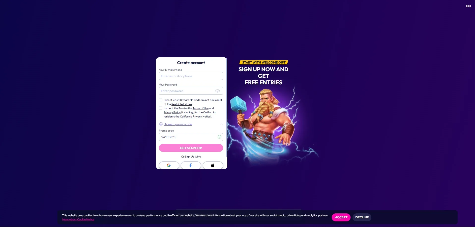A screenshot of Funrize Ccasino's register field