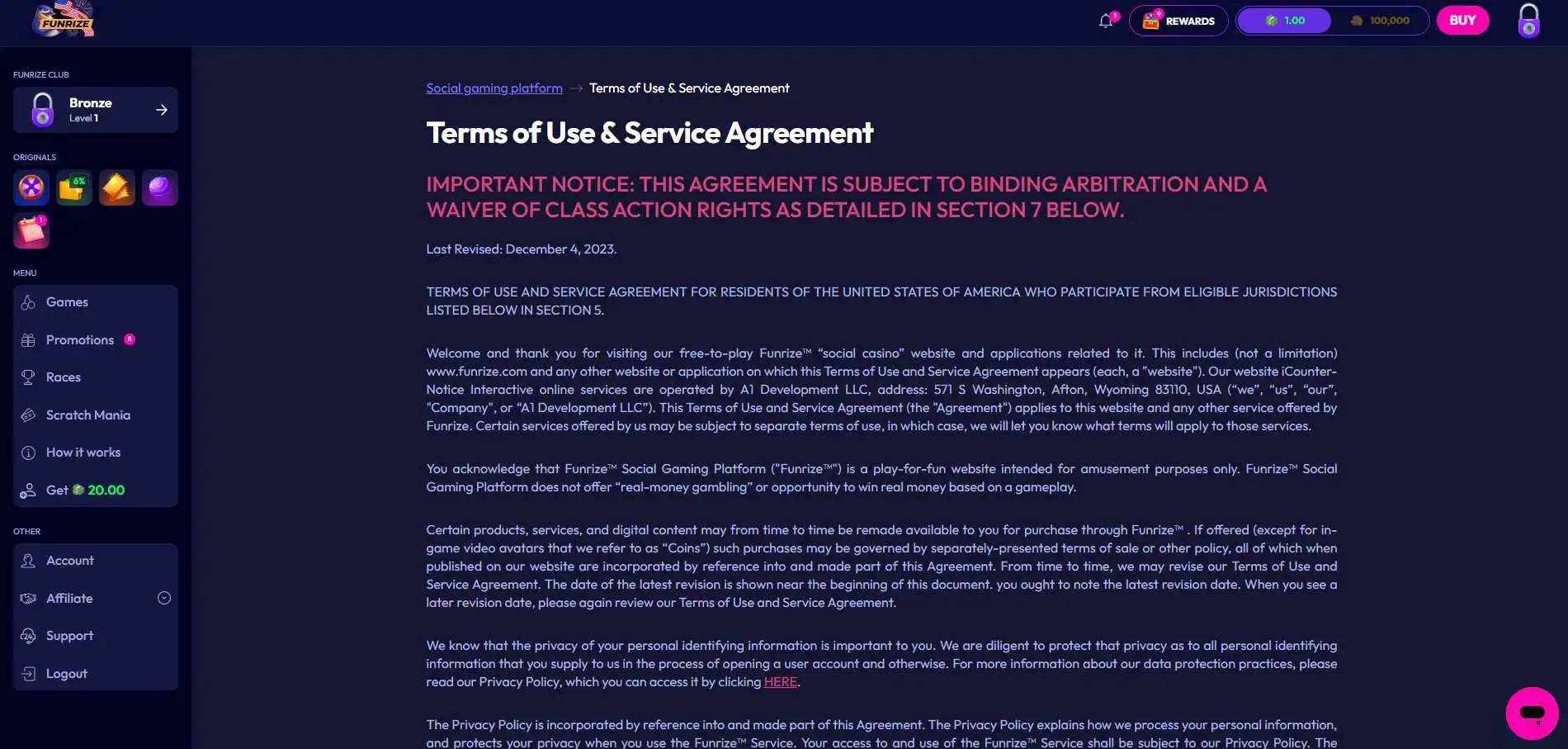 A screenshot of Funrize Ccasino's terms of use page