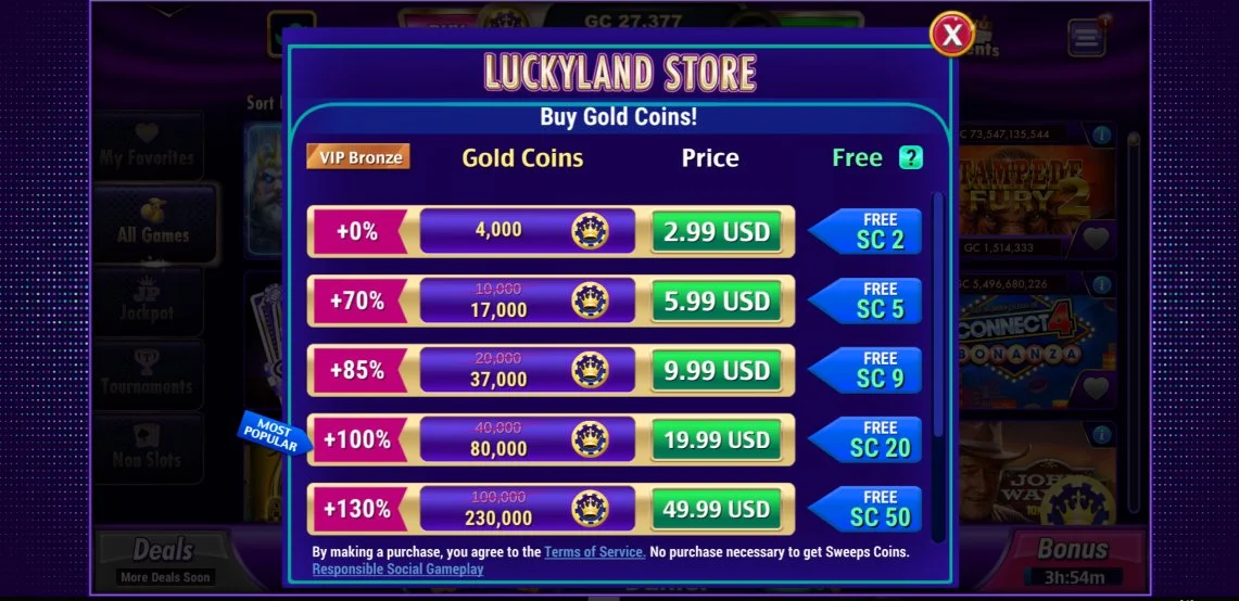 A screenshot of Luckyland Slots Casino's coins store