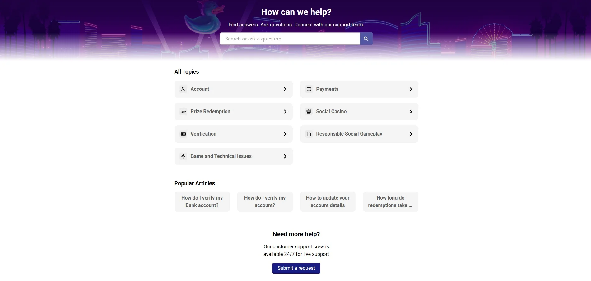 A screenshot of Luckyland Slots Casino's help center