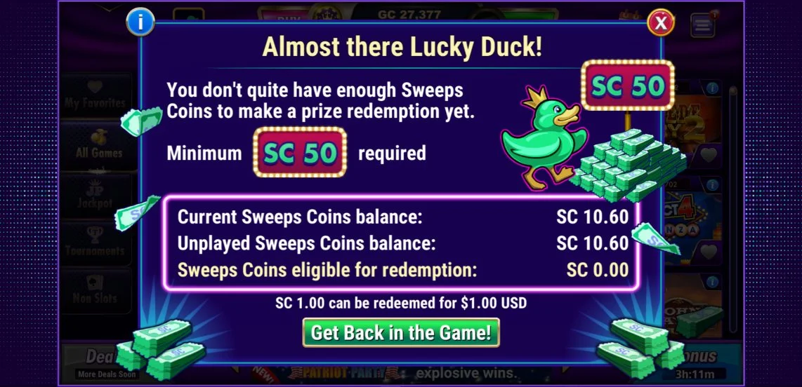 A screenshot of Luckyland Slots Casino's redeem page