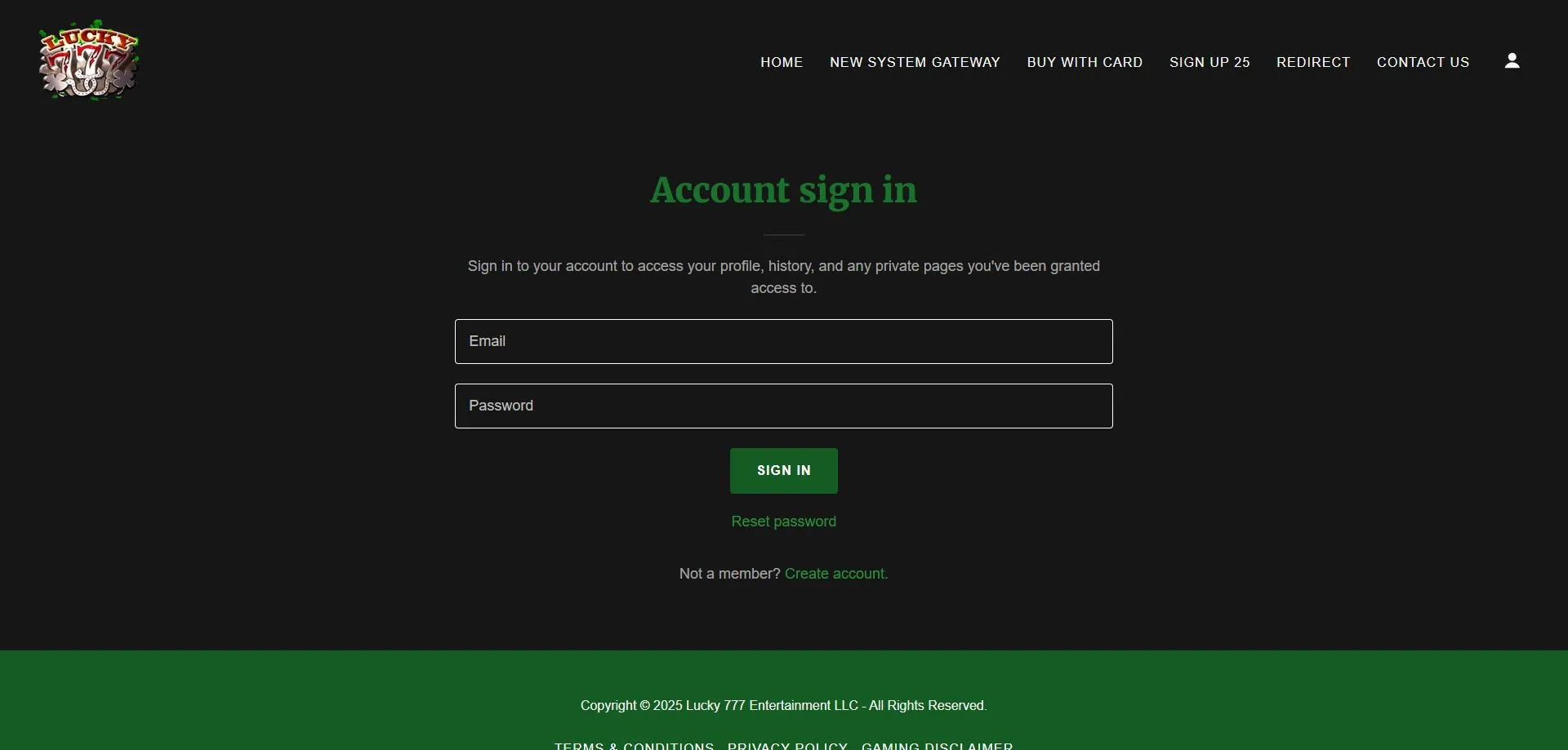 A screenshot of Lucky 777 Sweepstakes Casino's login field
