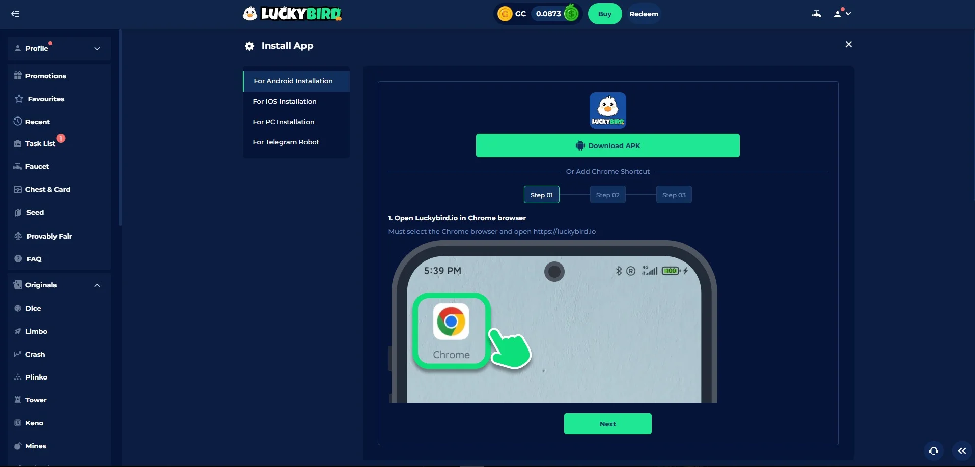 A screenshot of Luckybird.io's android app download page