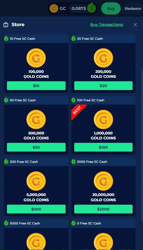 A screenshot of Luckybird.io's buy coins store