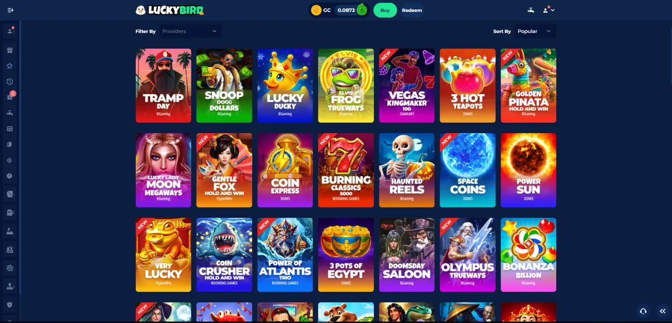 A screenshot of Luckybird.io's games section
