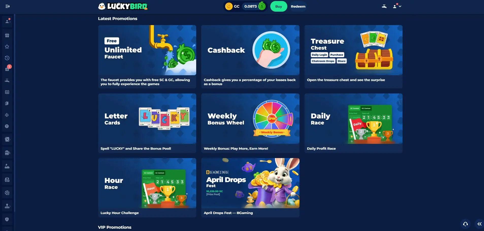 A screenshot of Luckybird.io's promotions page