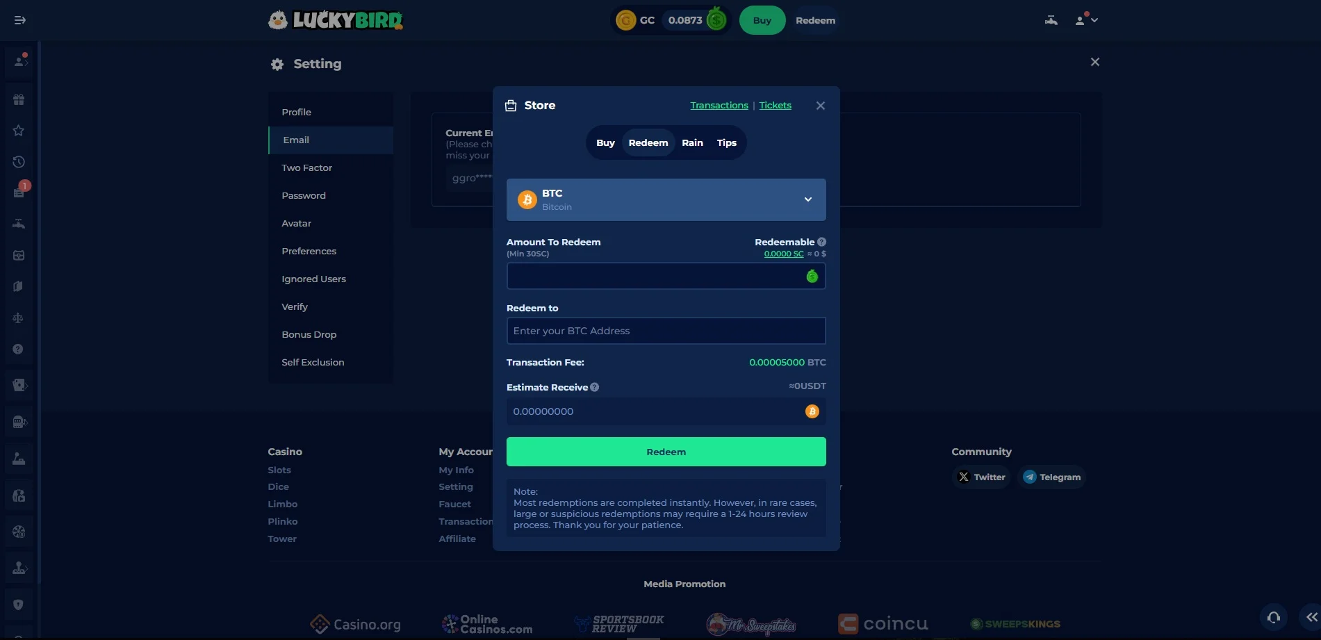 A screenshot of Luckybird.io's redeem page