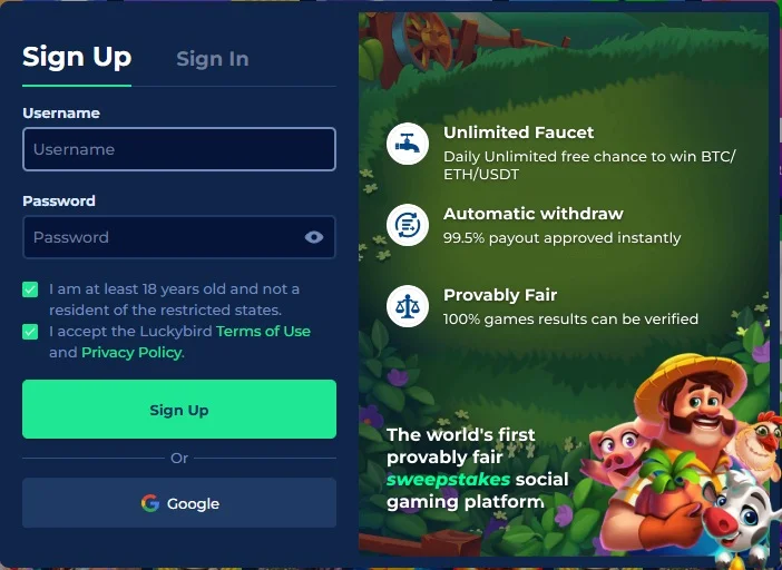 A screenshot of Luckybird.io's registration prompt