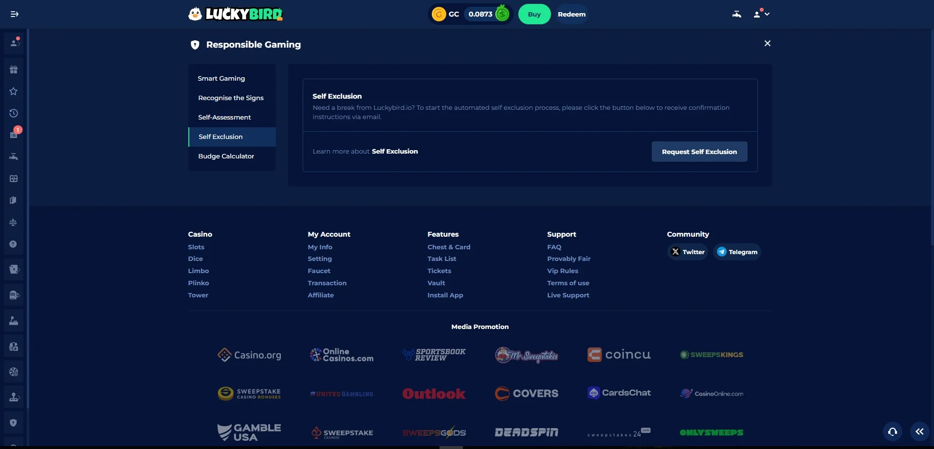 A screenshot of Luckybird.io's responsible gambling page