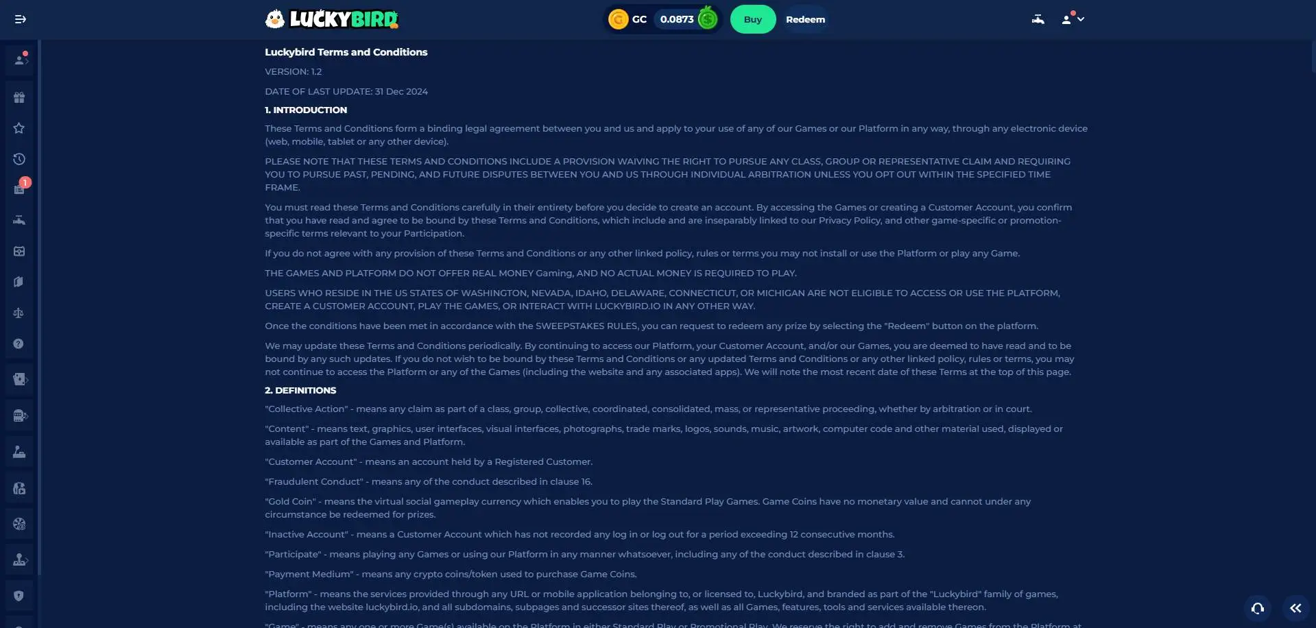 A screenshot of Luckybird.io's terms of services