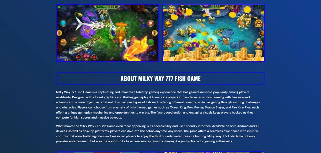 A screenshot of Milky way casino's fish games