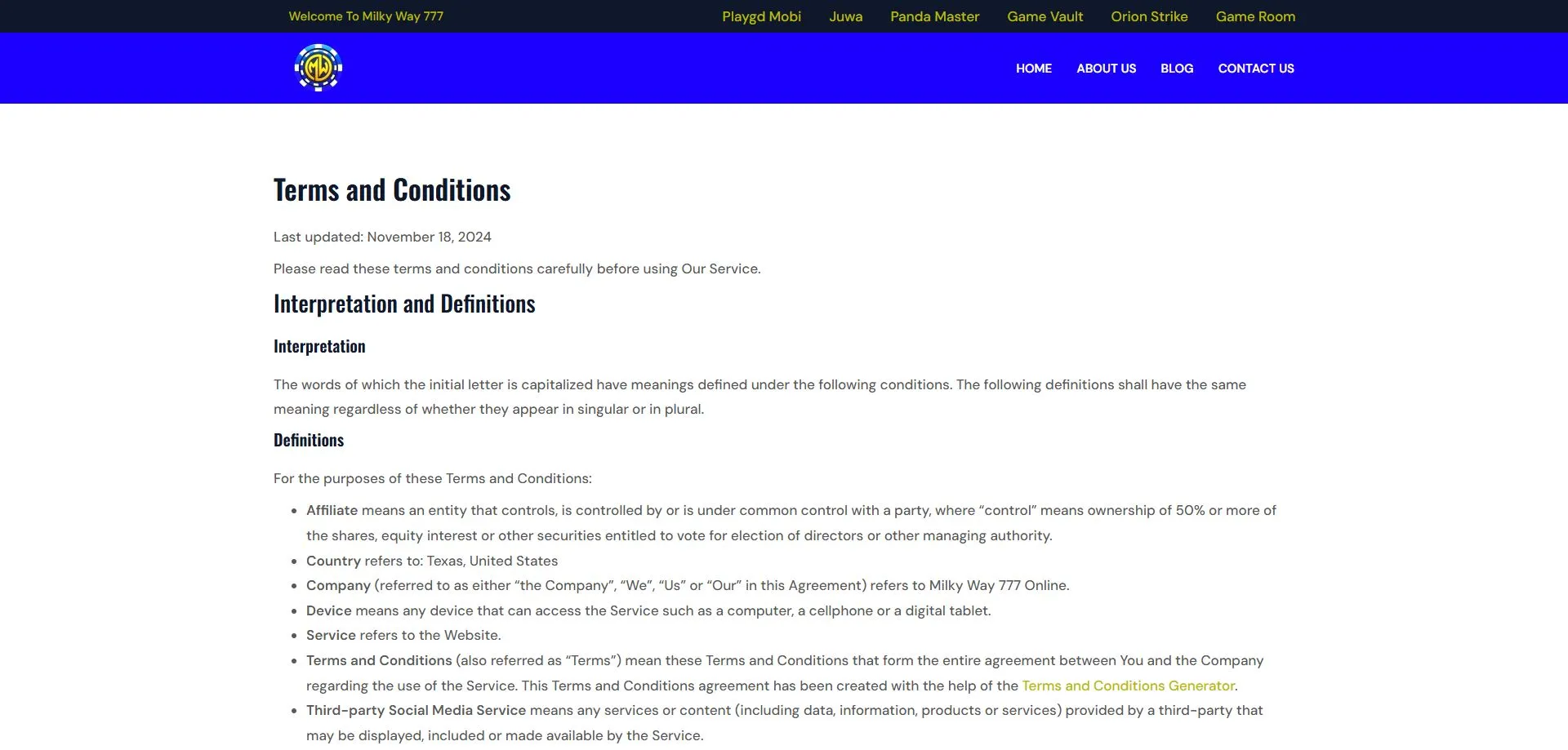 A screenshot of Milky way casino's terms and conditions page