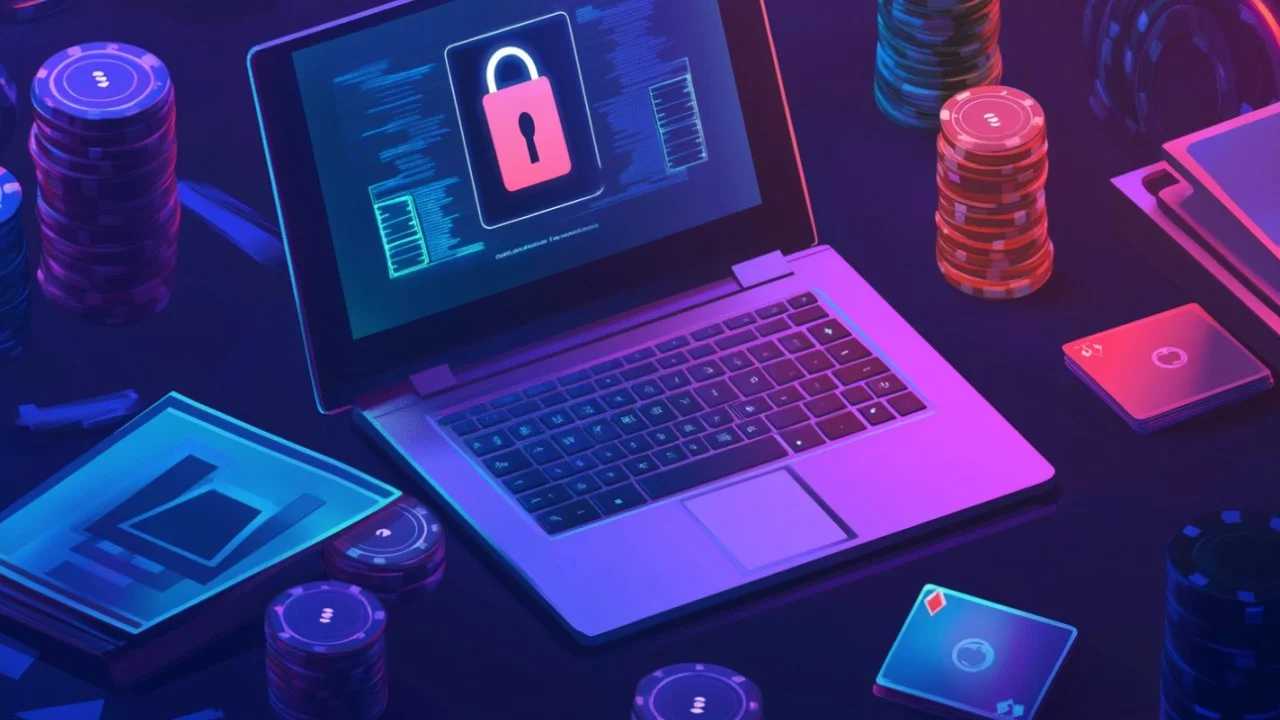 A laptop with casino chips and cards laying around it.
