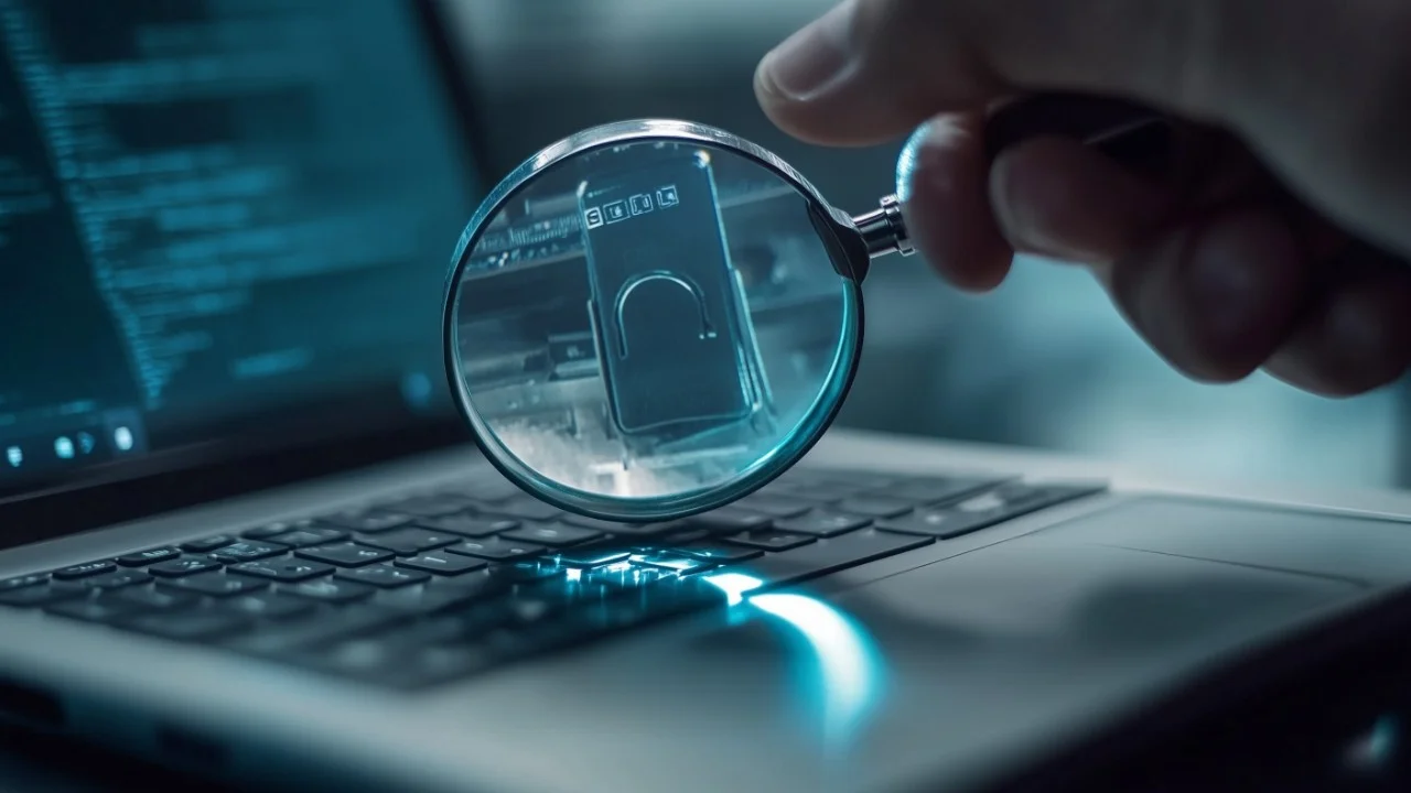 A magnifying glass zooming on a laptop with security.