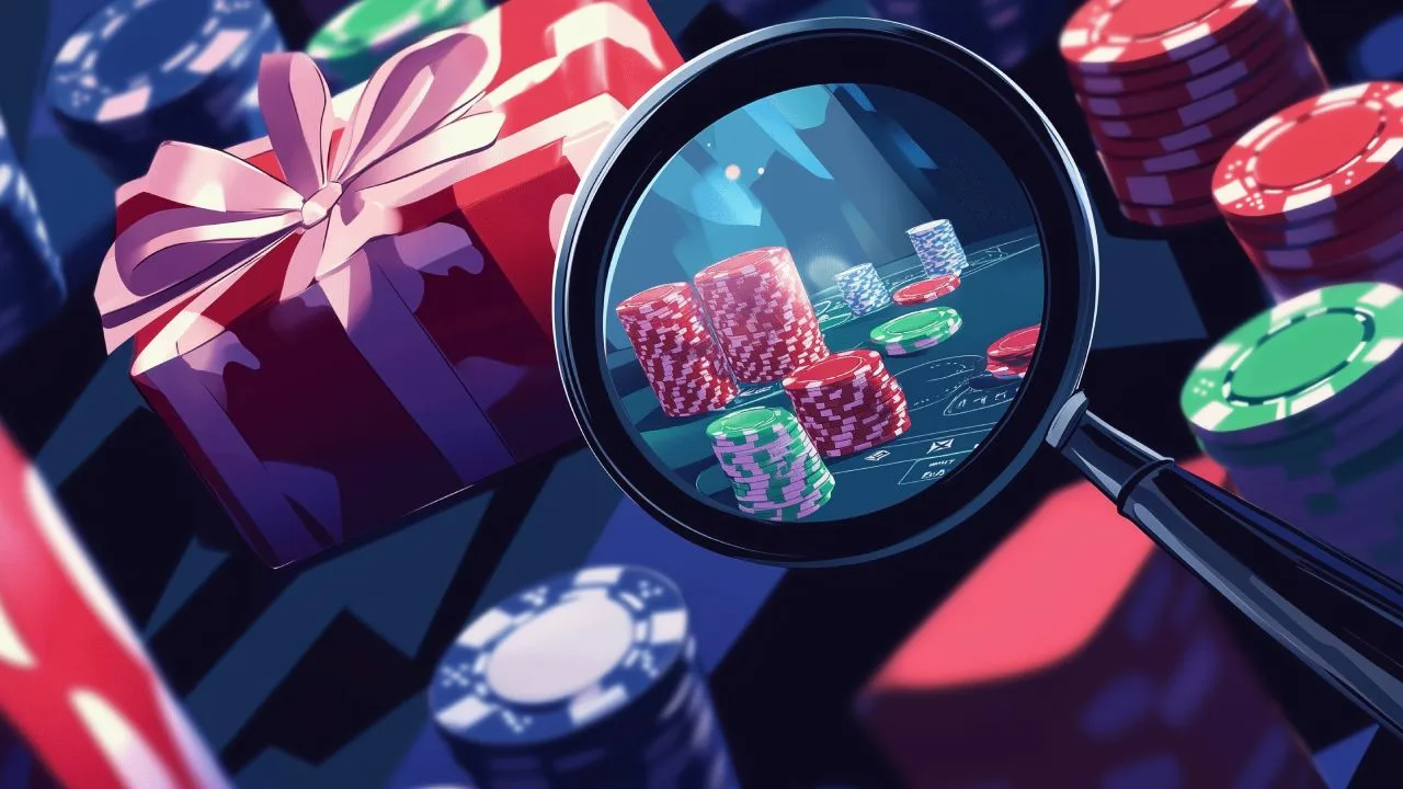 Cartoonized image of casino chips and gifts zoomed by a magnifying glass.
