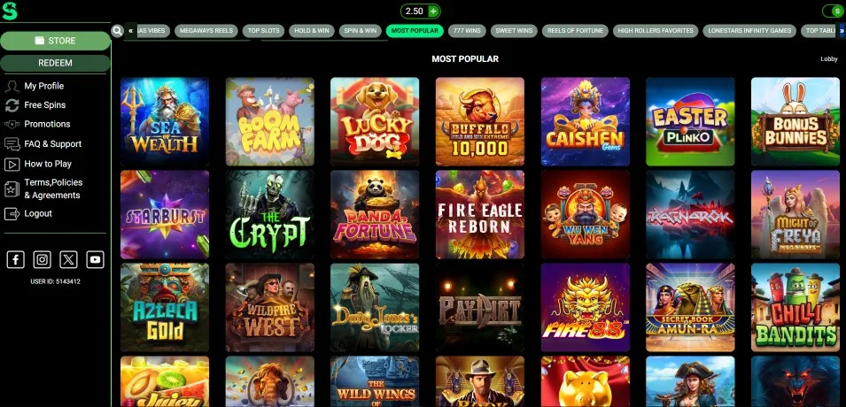 A screenshot of LoneStar Casino's game selection