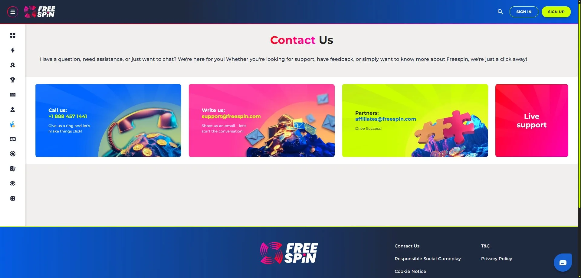 A screenshot of FreeSpin casino's contact us