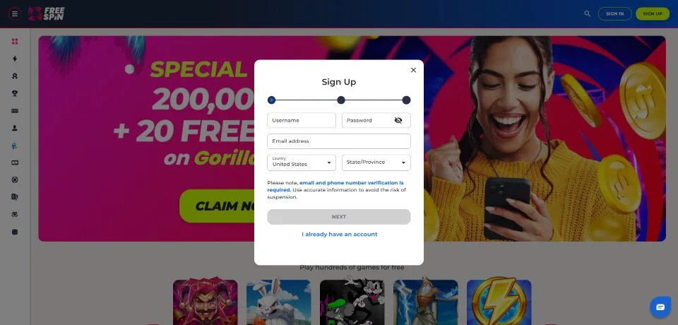 A screenshot of FreeSpin casino's registration field