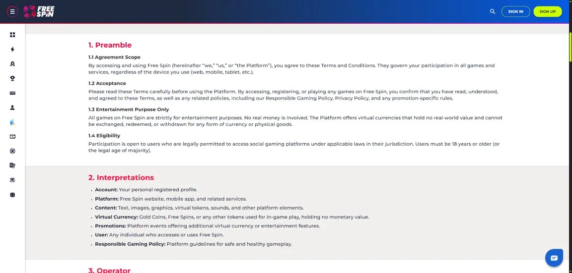 A screenshot of FreeSpin casino's terms of use
